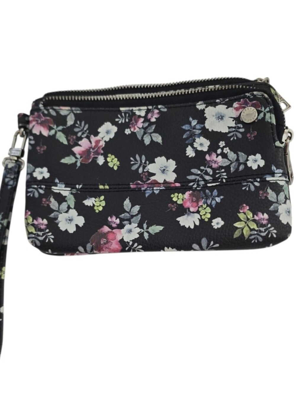 Steve Madden Floral Wristlet Wallet Black Multi Zip Clutch Pouch - Picture 7 of 7